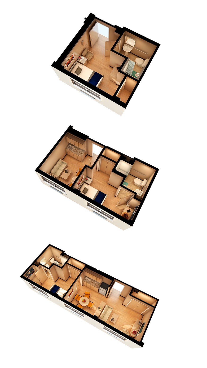 The designs for the new living spaces feature three floor plans.