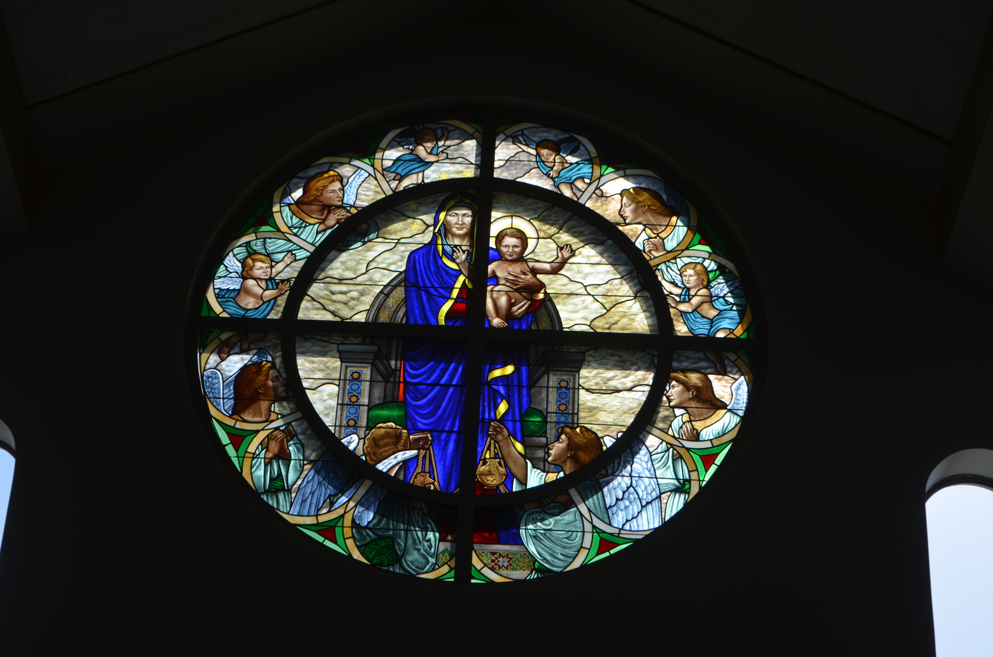 The rose window is the only stained glass window currently in the church, but there are already plans for more.
