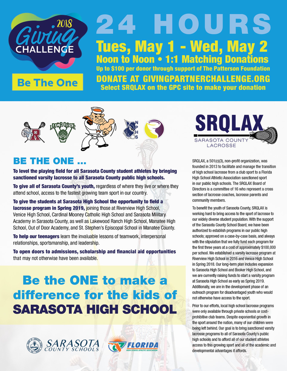 Sarasota High is trying to become the next Sarasota County school to start boys and girls lacrosse programs, and its fundraising effort begins with the 2018 Giving Challenge.
