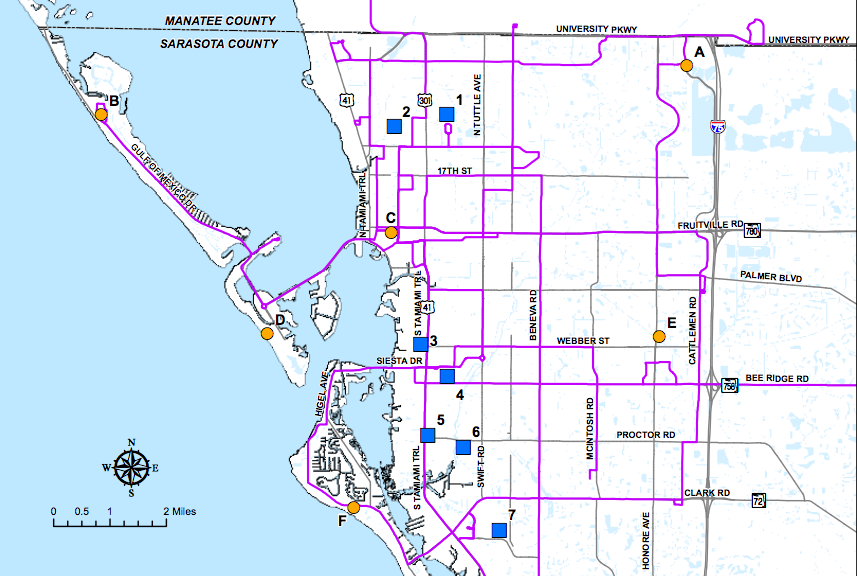 Map of pick-up points in Sarasota and Longboat Key for people who can't transport themselves to evacuation centers during a hurricane.