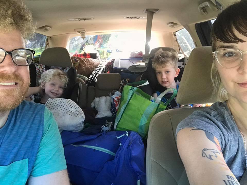 Jesse, Ciera, Juniper and Calvin Coleman in their car with all their supplies. Photo courtesy Ciera Coleman.
