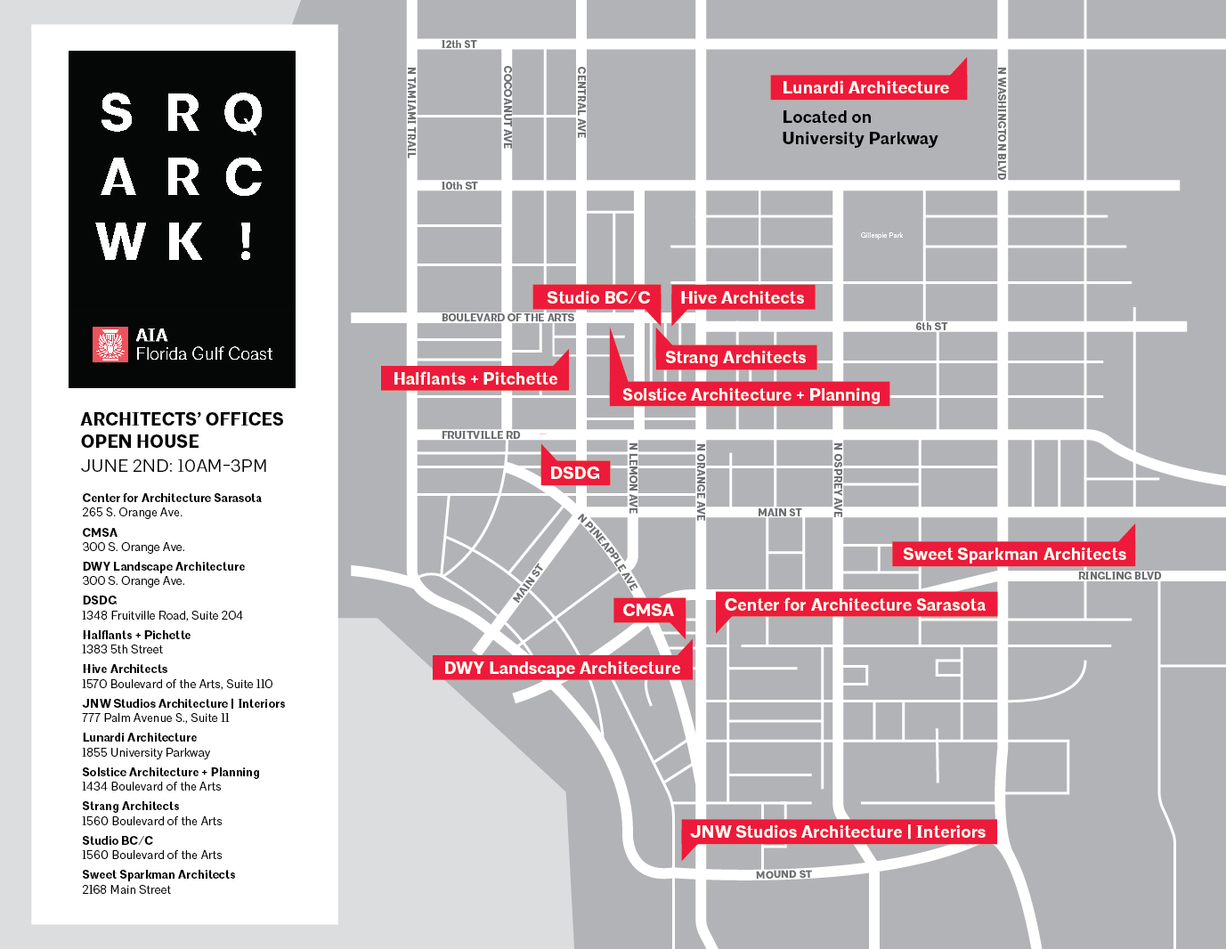 This map locates every major event taking place during the inaugural Sarasota Architecture Week. Courtesy image