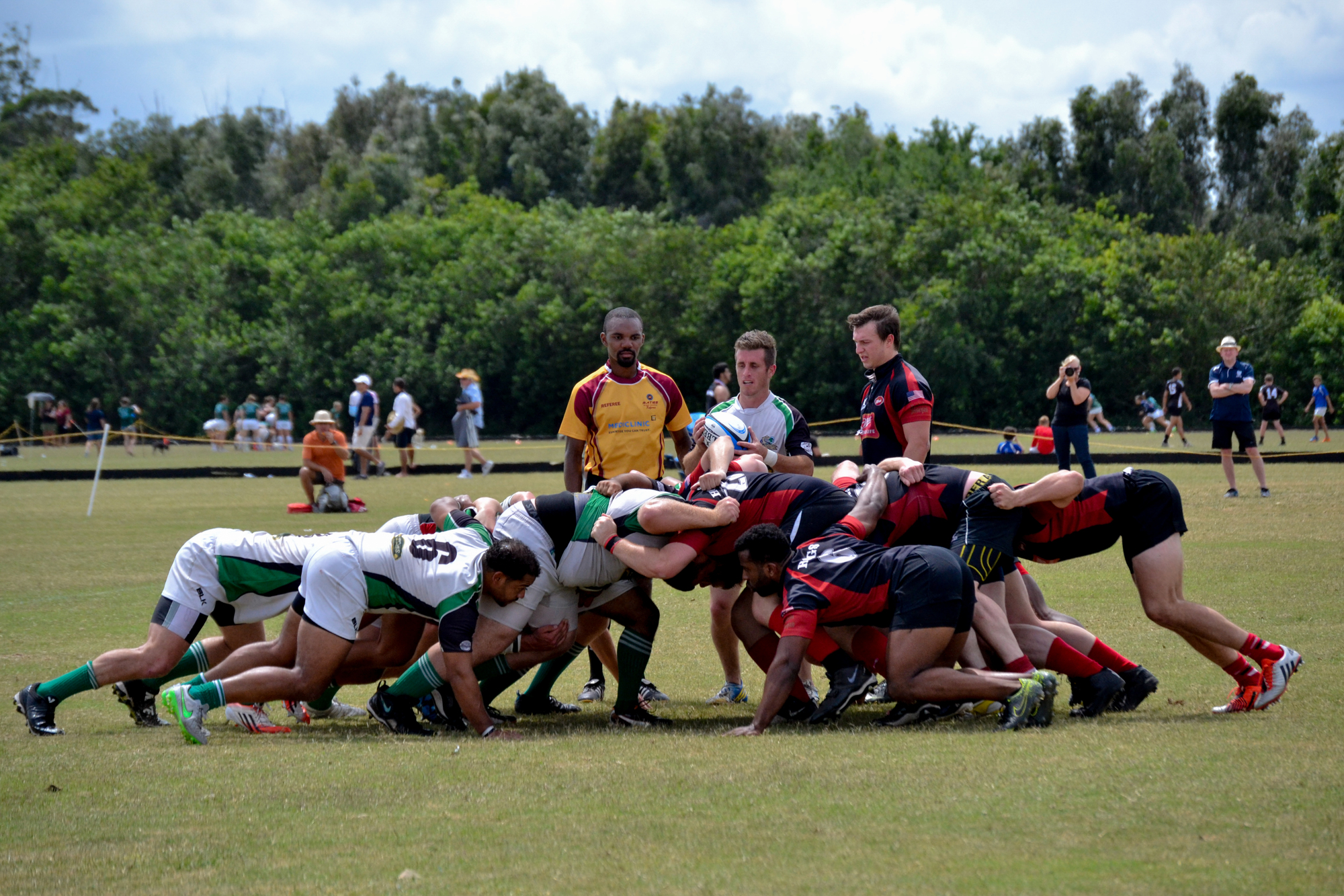 The Sarasota Surge Rugby Club and Gainesville Hogs get in a scrum. Courtesy photo.