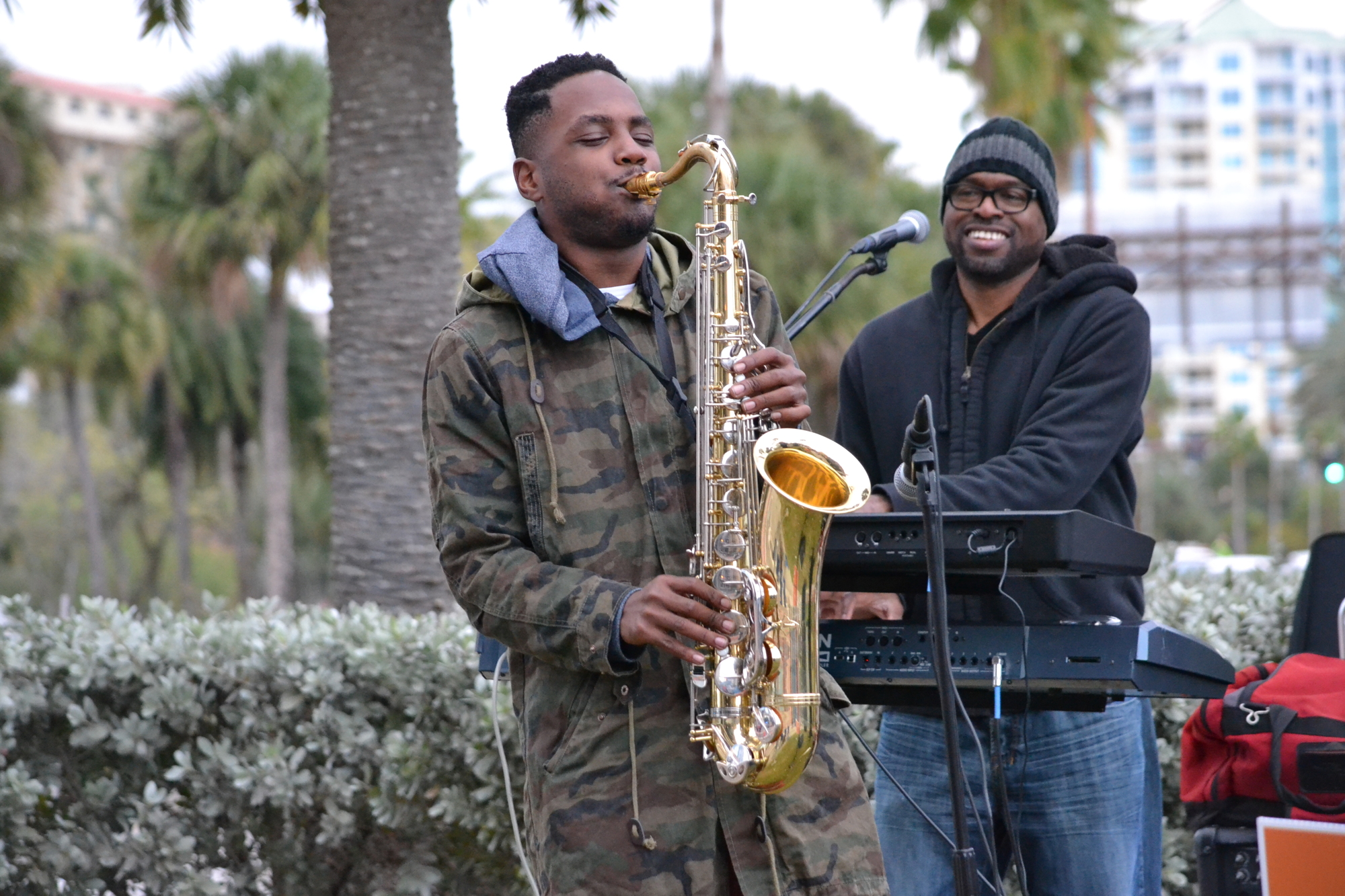 Justin Green on saxophone for Jah Movement and Fred Adams playing the keyboard during 2016's Sarasota Music Half Marathon.