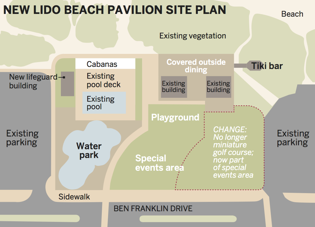 This map details revised plans for the Lido pool and pavilion following public input.