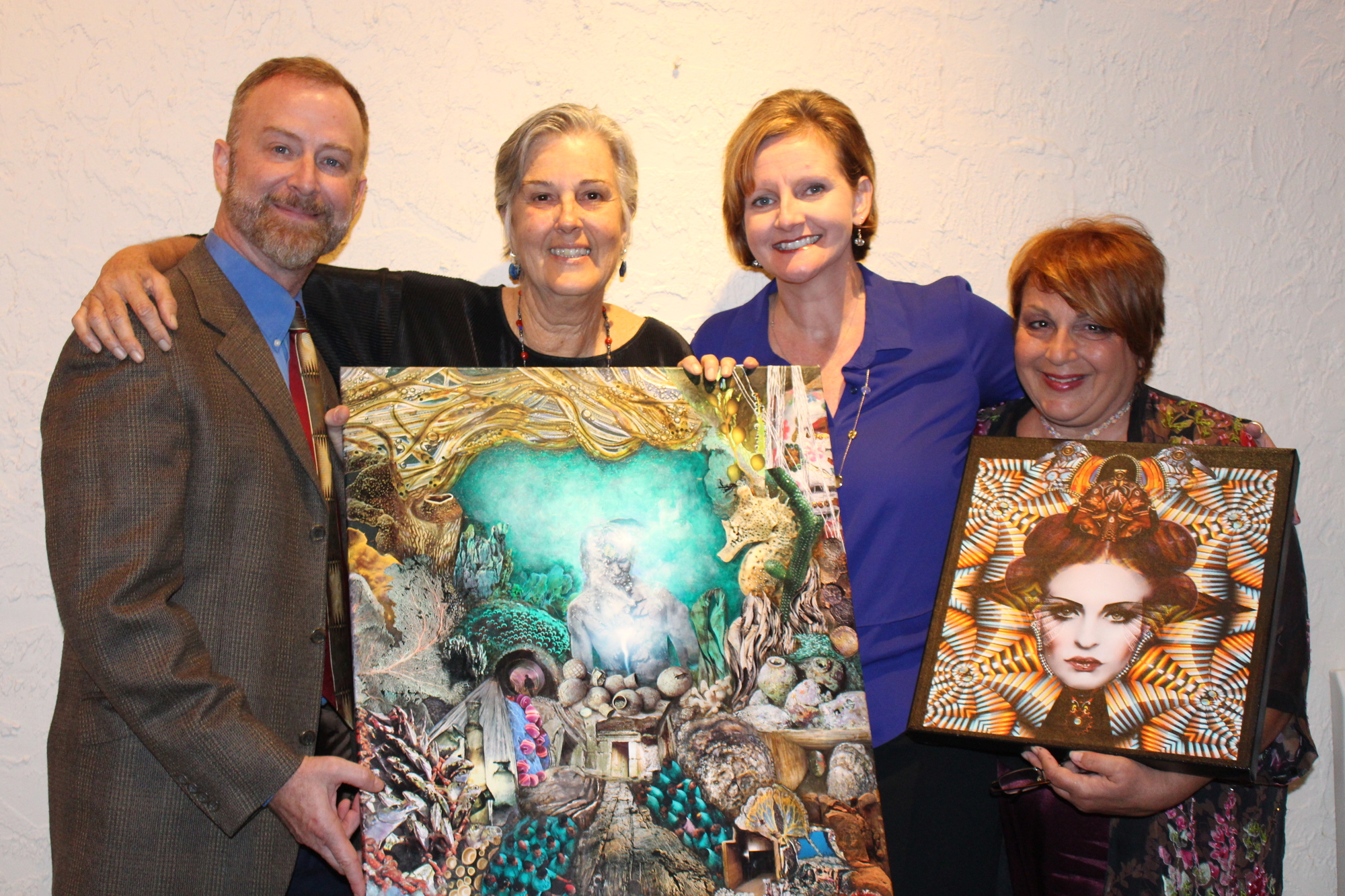 Jeffery Kin, artistic director of the Players Centre for Performing Arts, Katya De Luisa, Robyn Faucy, of the Neuro Challenge Foundation, and Elisabeth Trostli. Above: “Last Train” is indicative of De Luisa’s collage-based work.
