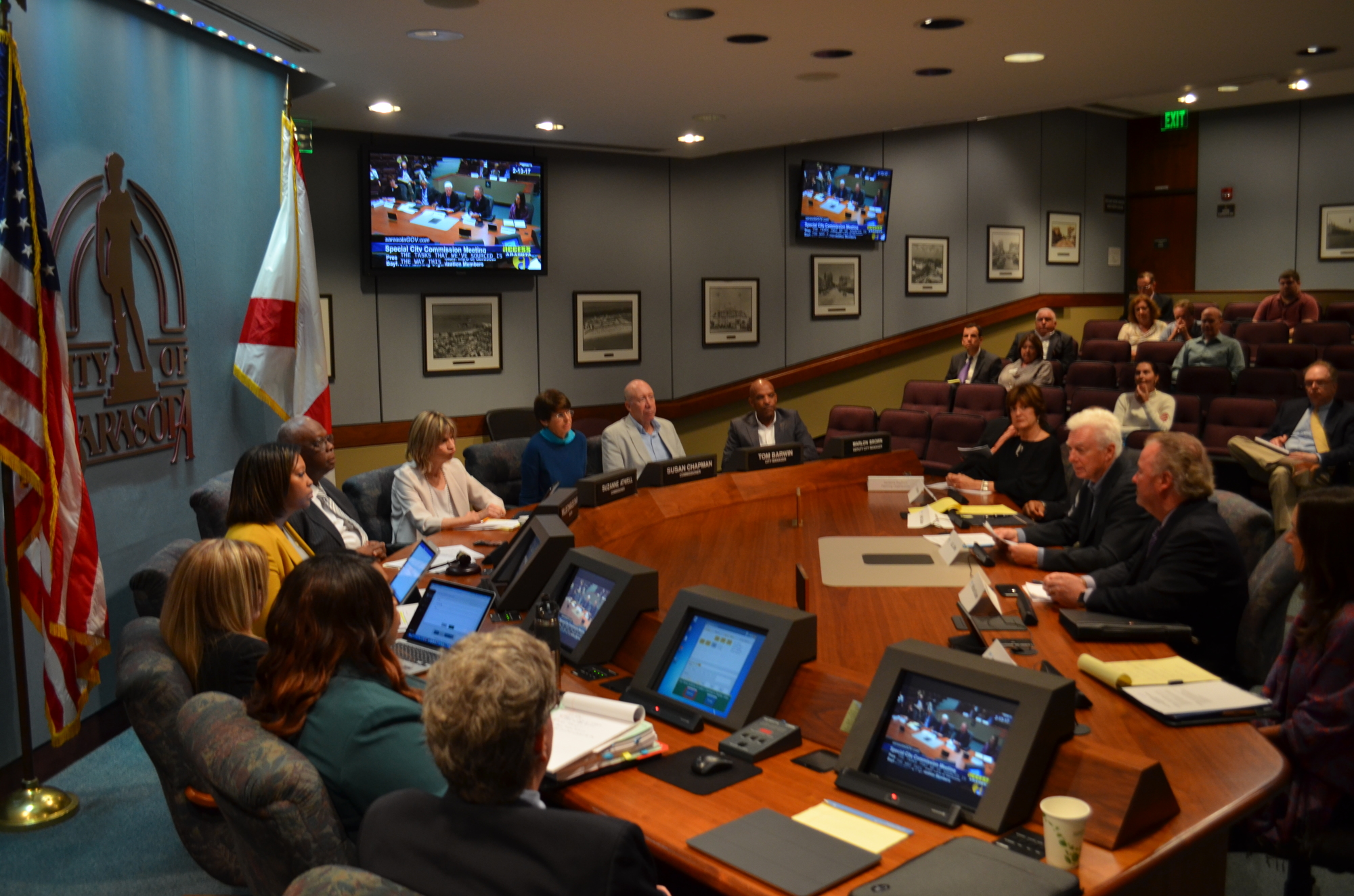 Members of the Sarasota Bayfront Planning Organization discuss the future of the city-owned bayfront land with the City Commission Monday.