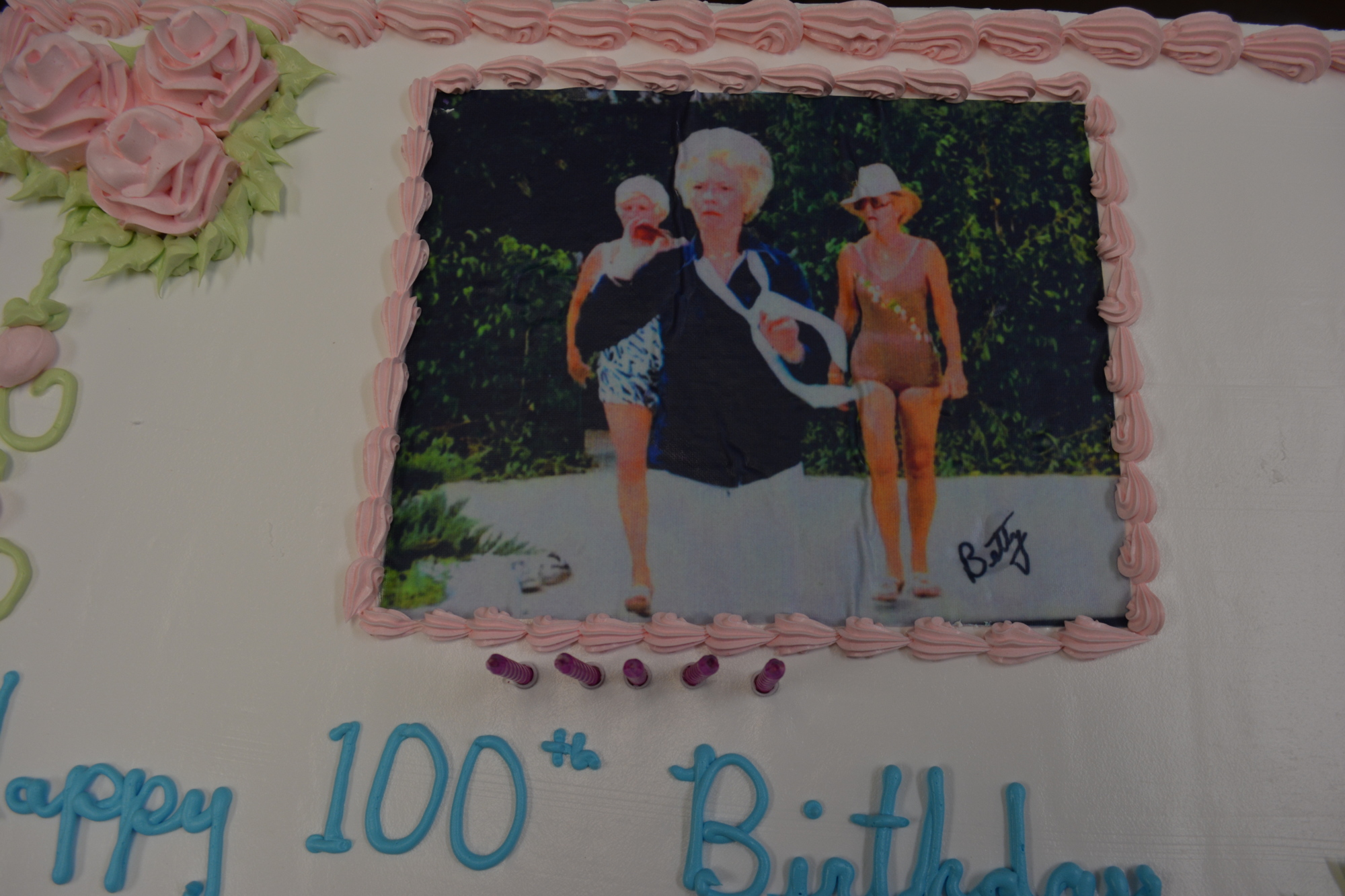 Betty Andreone's 100th birthday celebration cake included a picture of her appearance in 