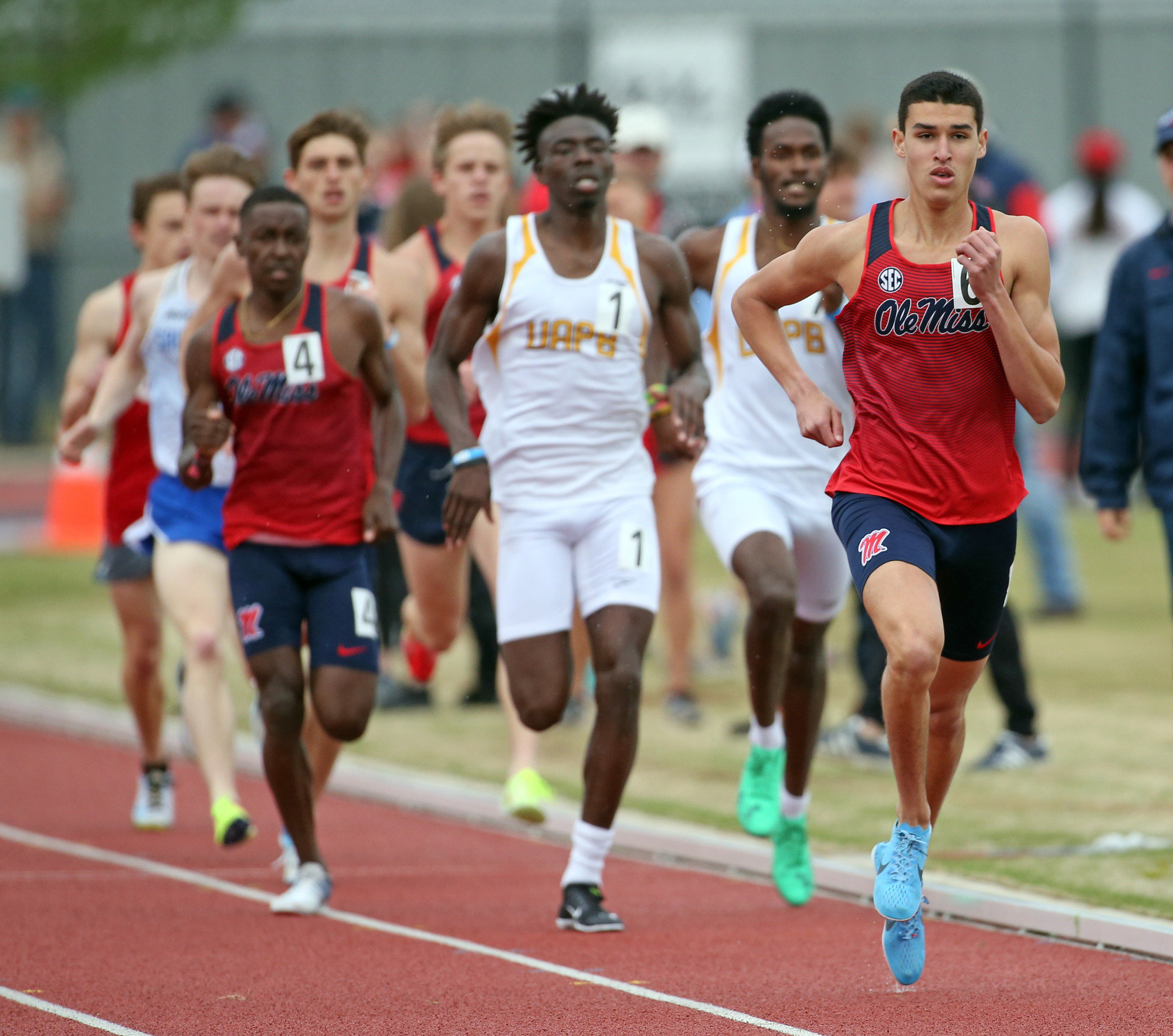 Lakewood Ranch High track grad John Rivera, here leading the pack, had a strong freshman season at the University of Mississippi. Courtesy photo.