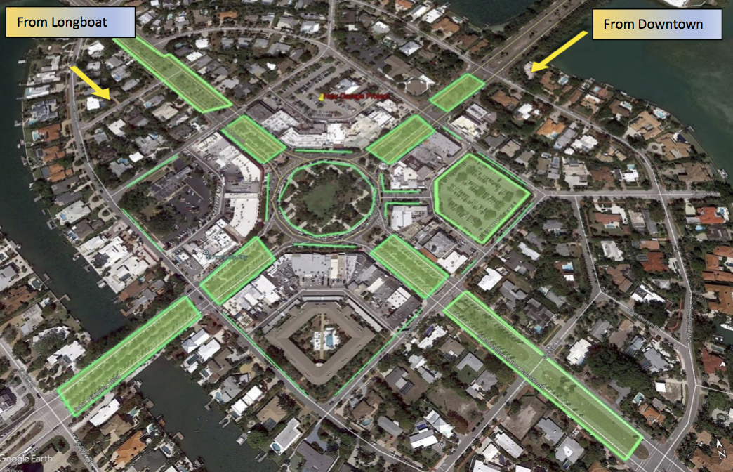 This city-produced image highlights available parking around St. Armands Circle in green.