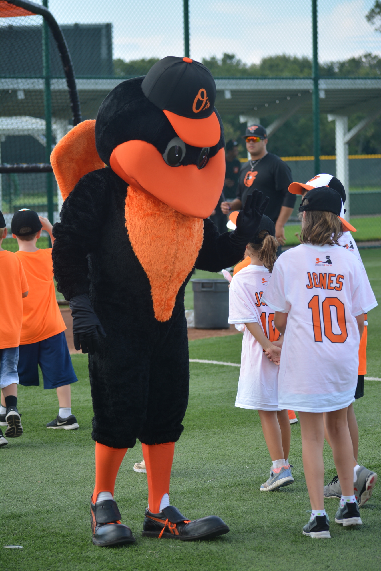 The Oriole Bird greeted campers as they arrived at Ed Smith Stadium.