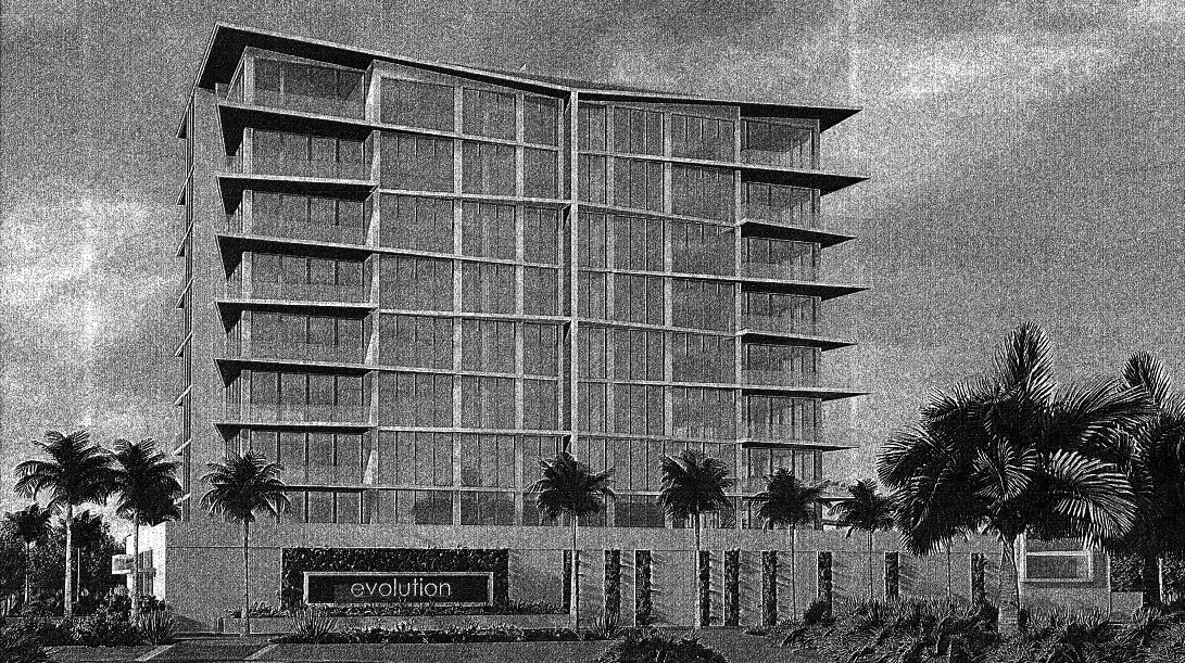 The application documents on file with the city for the Evolution project include this scanned rendering of the building.