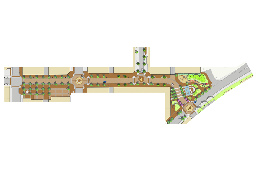The preliminary design plan calls for an extension of the brick-paved Lemon Avenue mall, left, south past Main Street to Pineapple Avenue near Paul Thorpe Park, right. 