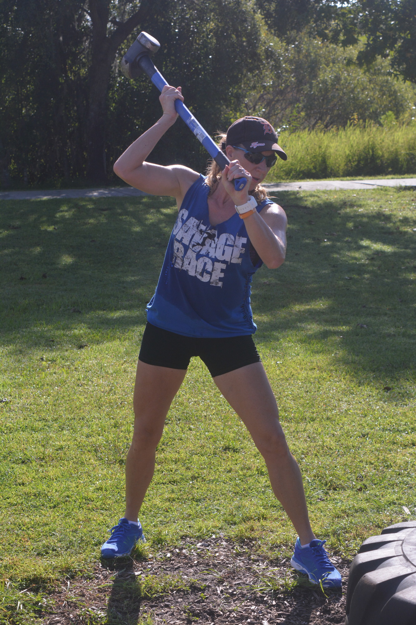 Shelly Hawk McKay slams a sledgehammer during one of her bootcamps.