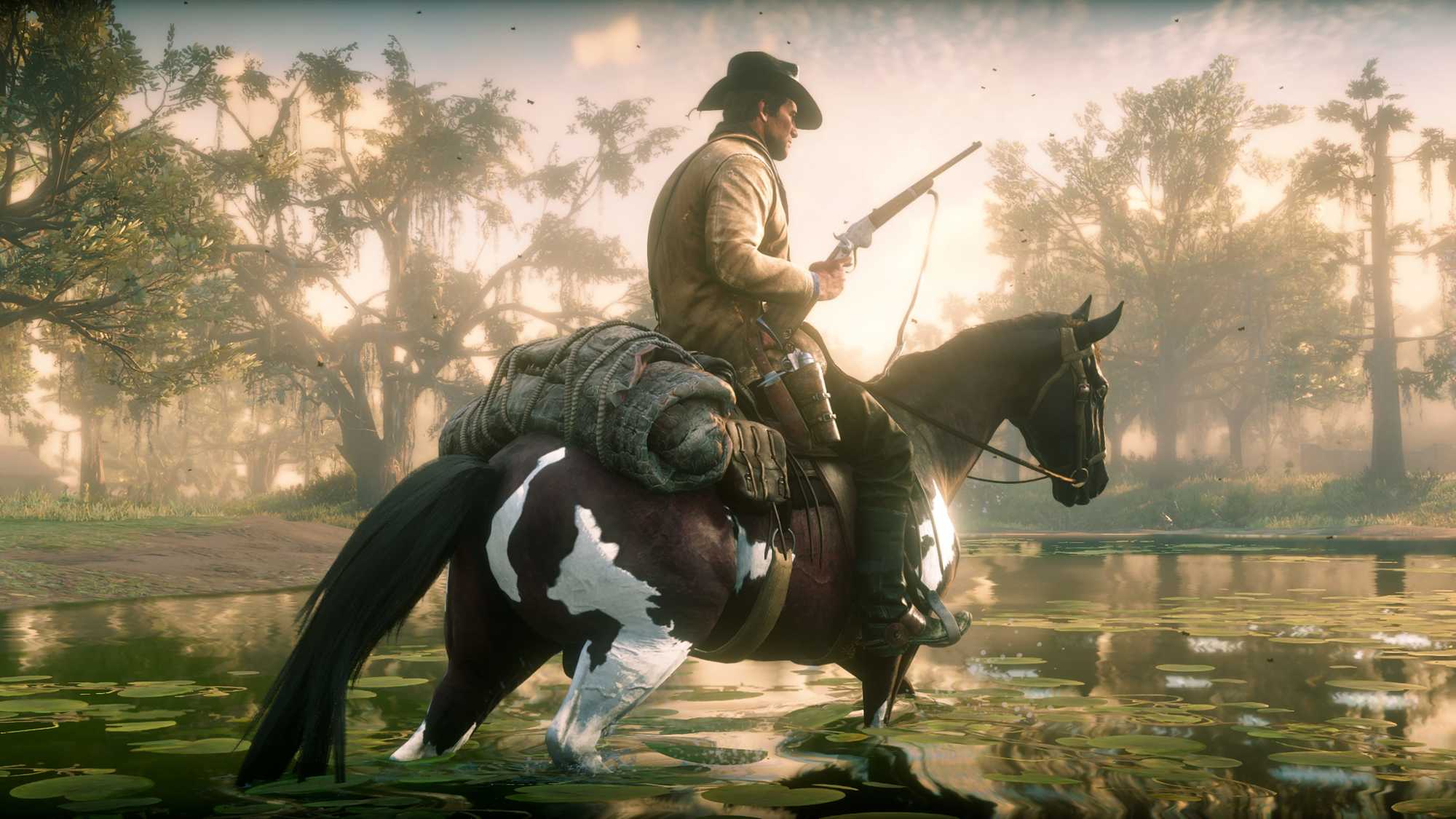 Arthur Morgan rides through swampland in 