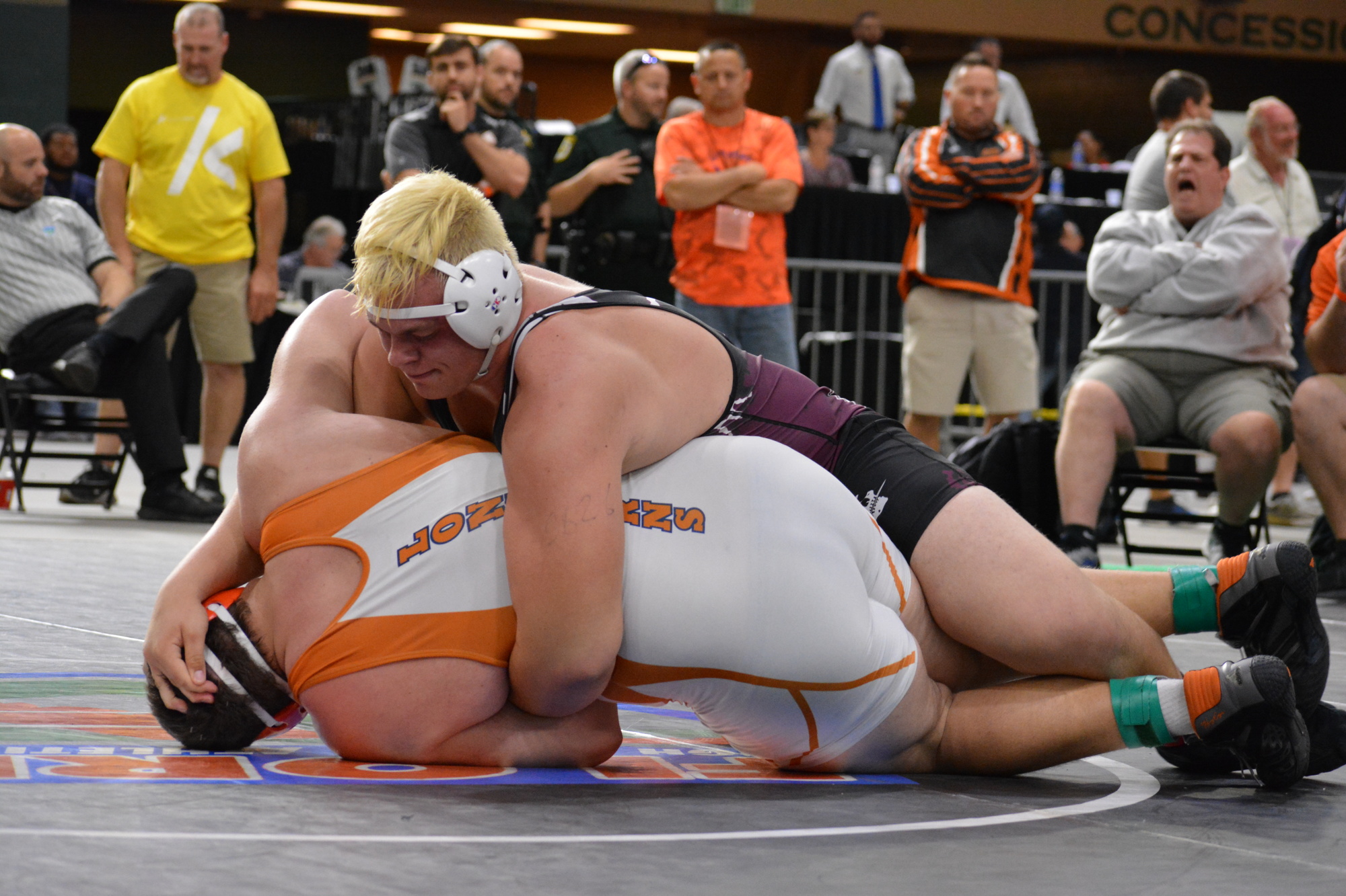2. Braden River's Brendan Bengtsson gets on top of Carter Harris to secure the 2A, 285-pound wrestling title.