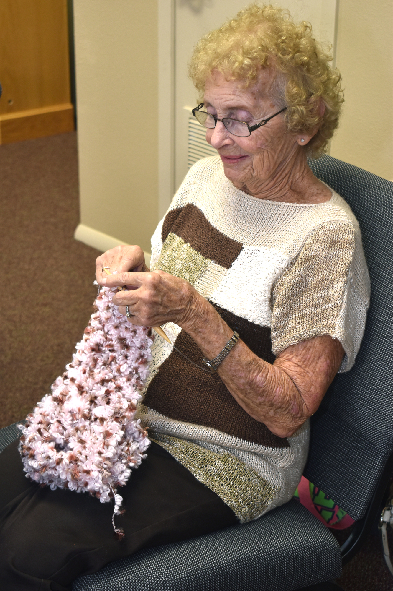 Snookie Register said it takes her between five days and a week to complete a shawl.