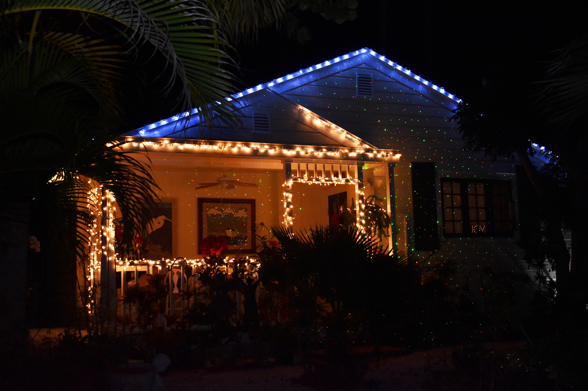 This house in the village caught our attentions with its classic white lights and laser lights.