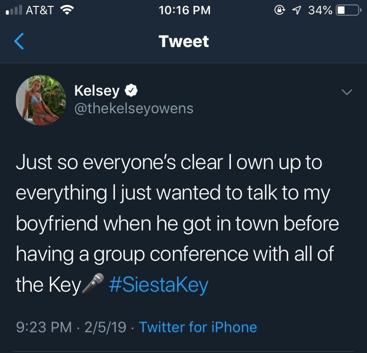 While rumors swirl around Siesta Key about Kelsey and Jared, she took to Twitter to defend herself.  Guess we'll find out how honest she is with her BF when he visits on next week's episode.