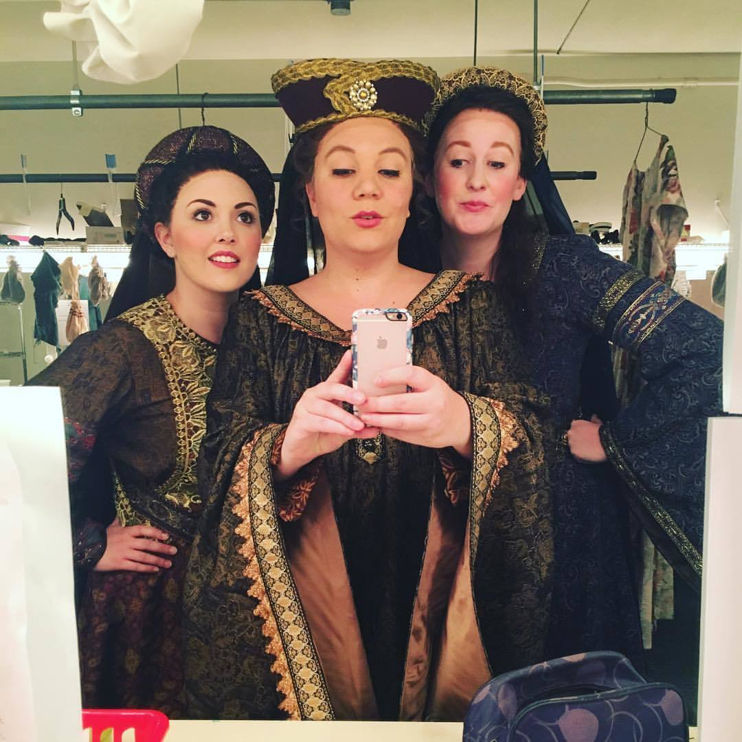 Anna Mandina, Annie Chester and Caitlin Crabill hang out in the dressing room before a March 2017 performance of “The Love of Three Kings” when they were apprentice artists. Courtesy photo