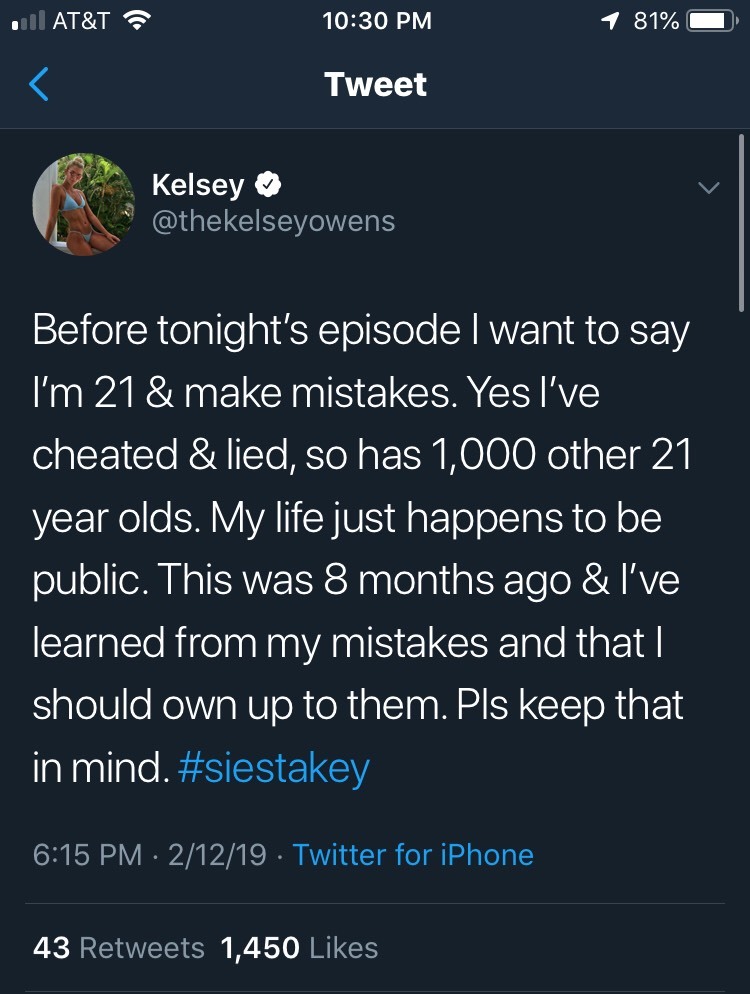 Before the episode aired last night, Kelsey tweeted out a message regarding her ~mistake~ with Jared.