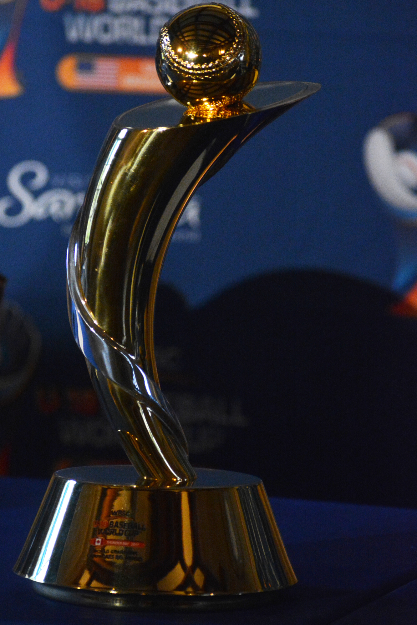 The U-18 World Baseball Cup trophy, at the announcement of the 2021 U-18 World Baseball Cup coming to Sarasota-Bradenton.