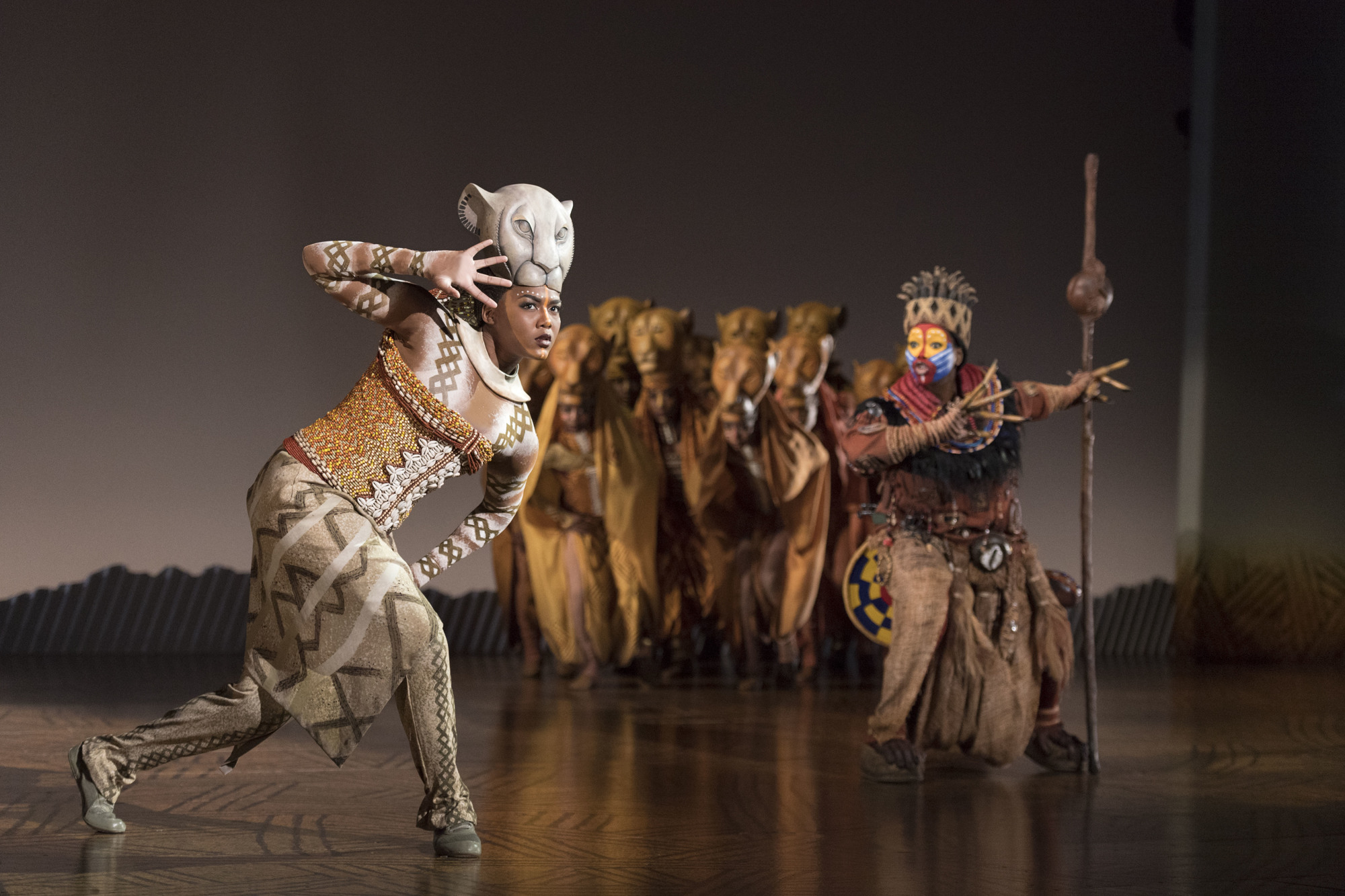 Nia Holloway performs as Nala, backed up by the lionesses of the pride (one of whom is now JoAnna Ford, who will perform in the third week of the Sarasota run at Van Wezel Performing Arts Hall) and Buyi Zama as Rafiki. Courtesy photo