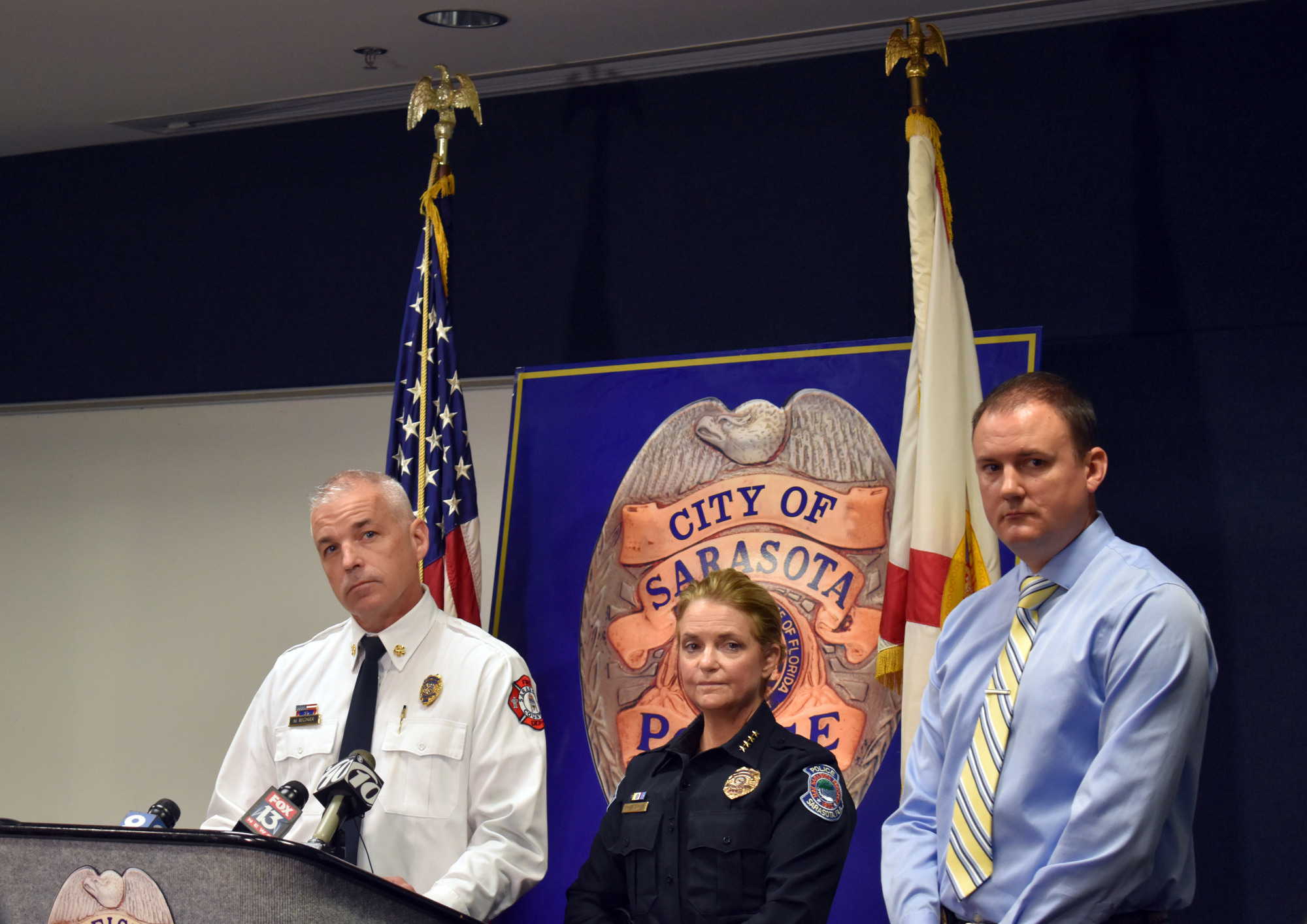  Sarasota Emergency Services Fire Chief Michael Regnier, Sarasota Police Chief Bernadette DiPino and Detective Adam Morningstar share more information on the case during a press conference. 