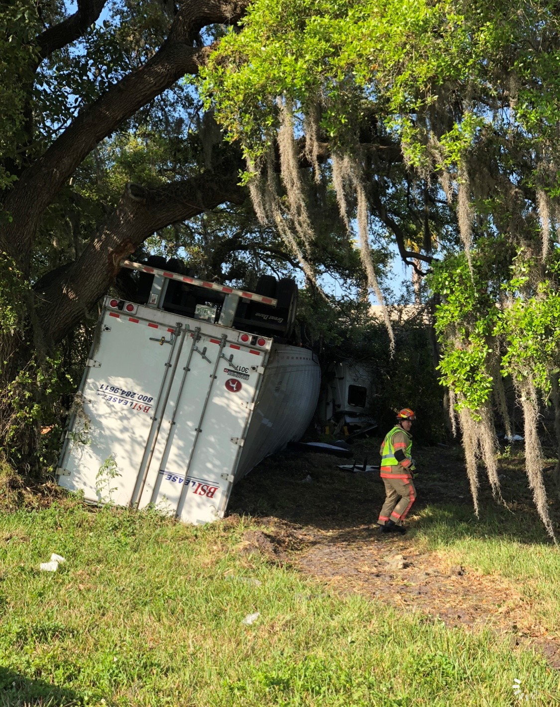 A tractor-trailer overturned off the highway south of Clark Road on Interstate 75. (FHP photo)