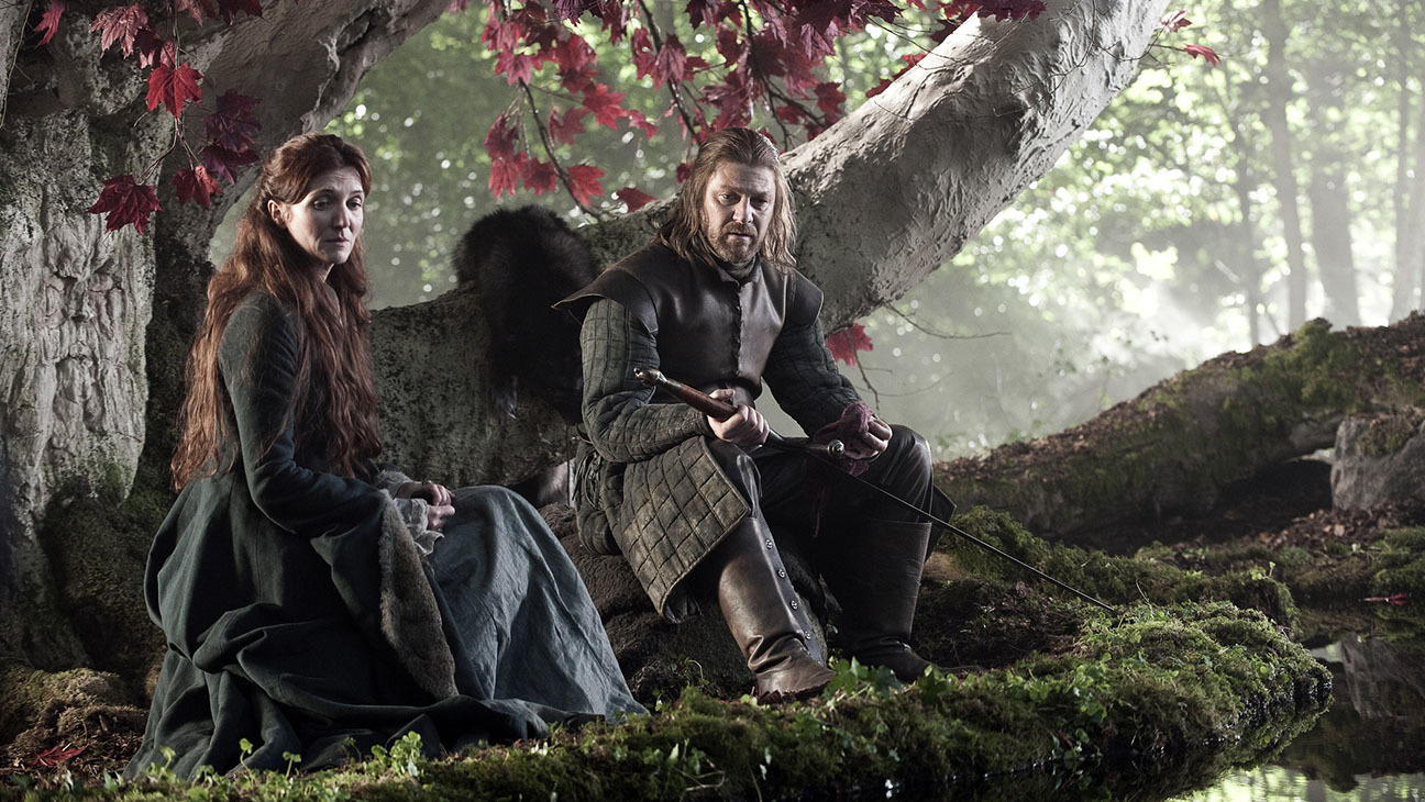 Michelle Fairley as Catelyn Stark and Sean Bean as Ned Stark in 