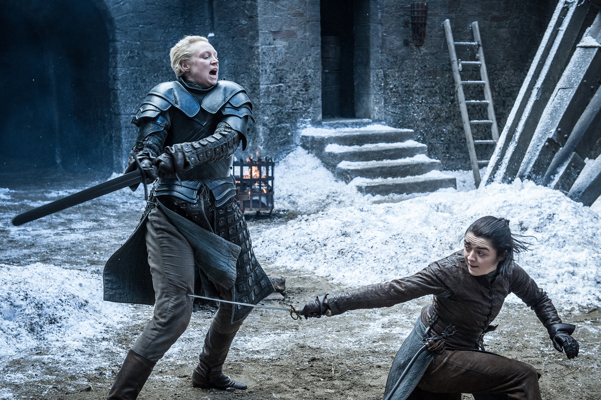 Gwendoline Christie as Brienne of Tarth and Maisie Williams as Arya Stark in 