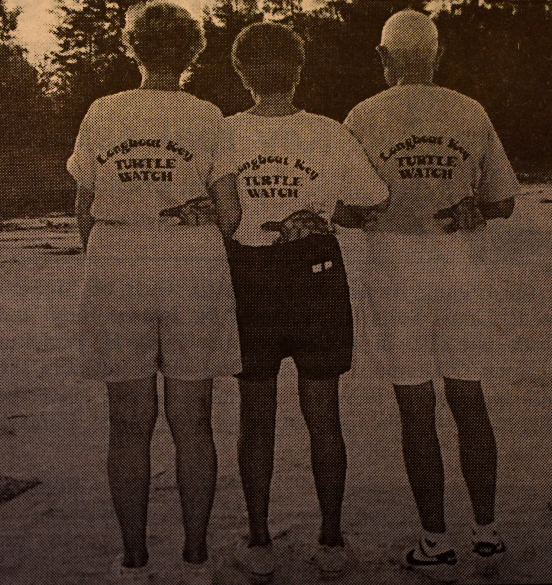 The turtle watch volunteers model shirts worn in 1995. Today, turtle enthusiasts can purchase shirts as a donation to the turtle watch.