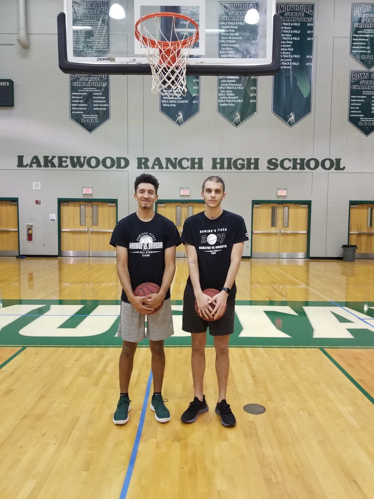 Former Lakewood Ranch High basketball stars Evan Spiller and Jack Kelley hit the gym together to shoot hoops.