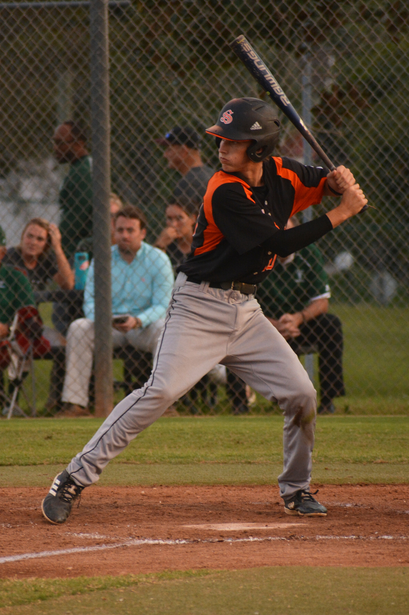 Sarasota catcher Owen Ayers stands at the plate — before he grabbed his lucky bat.