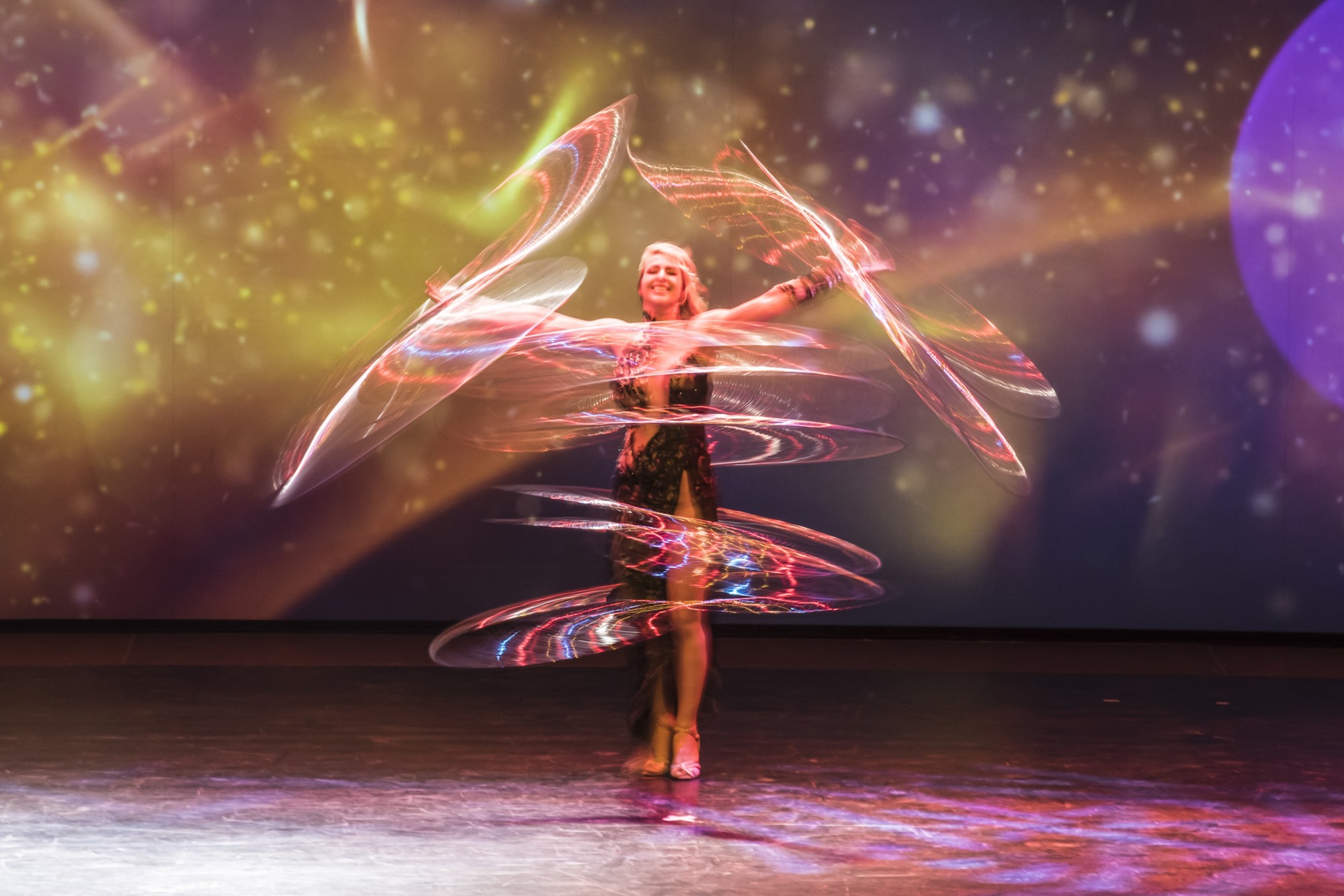 “Summer Circus Spectacular” performer Alesya Gulevich set three Guinness World Records for spinning the most hula hoops simultaneously. Courtesy photo