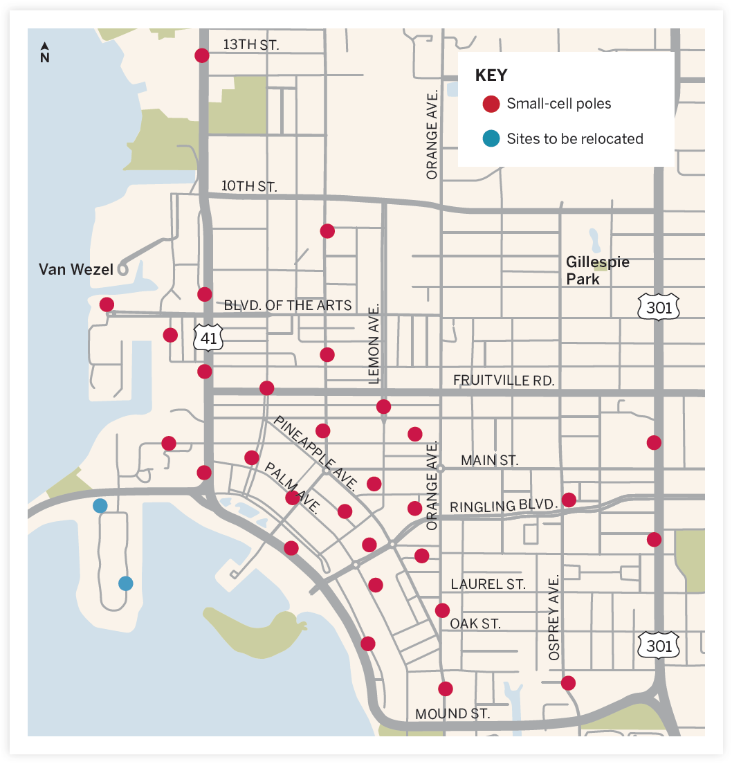 A map of locations where Verizon has applied for small cell tower permits