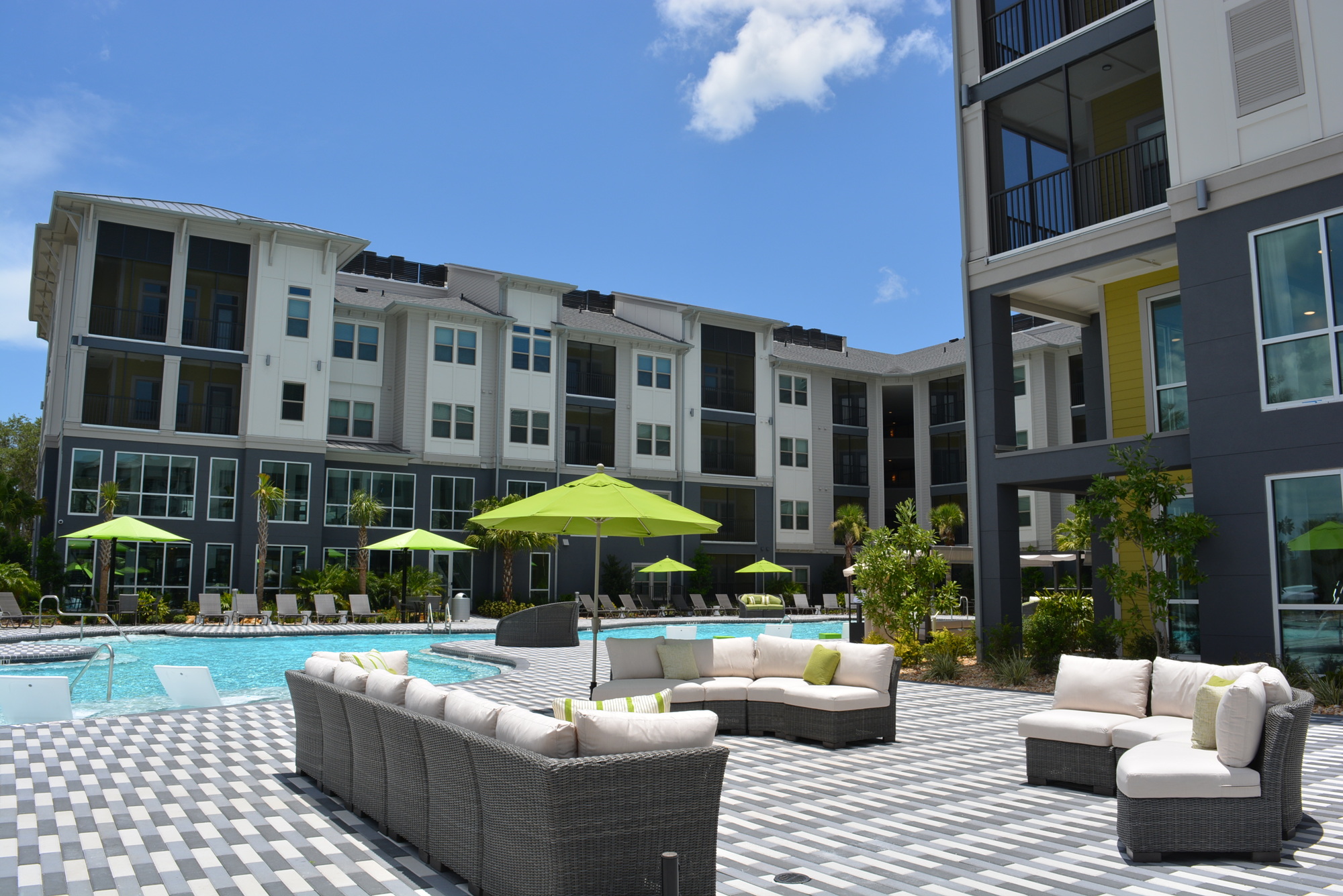 The resort-style pool connects has a view of the lake and connects to the community's clubhouse, where residents can gather to play pool, watch television or simply relax.