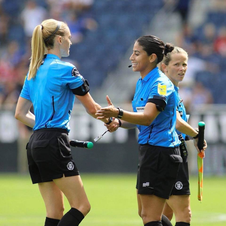 Christina Unkel, here working as a FIFA referee, worked the 2019 World Cup as ox Sports' rules analyst. Photo courtesy Christina Unkel.