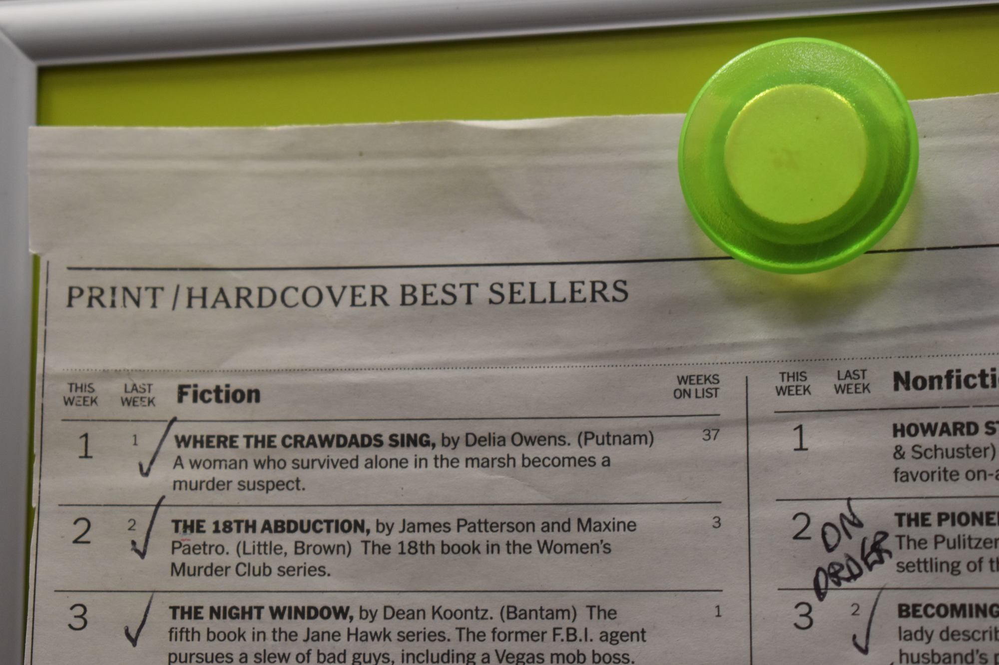 The library tries to buy all the New York Times bestsellers and keeps a list in the building.