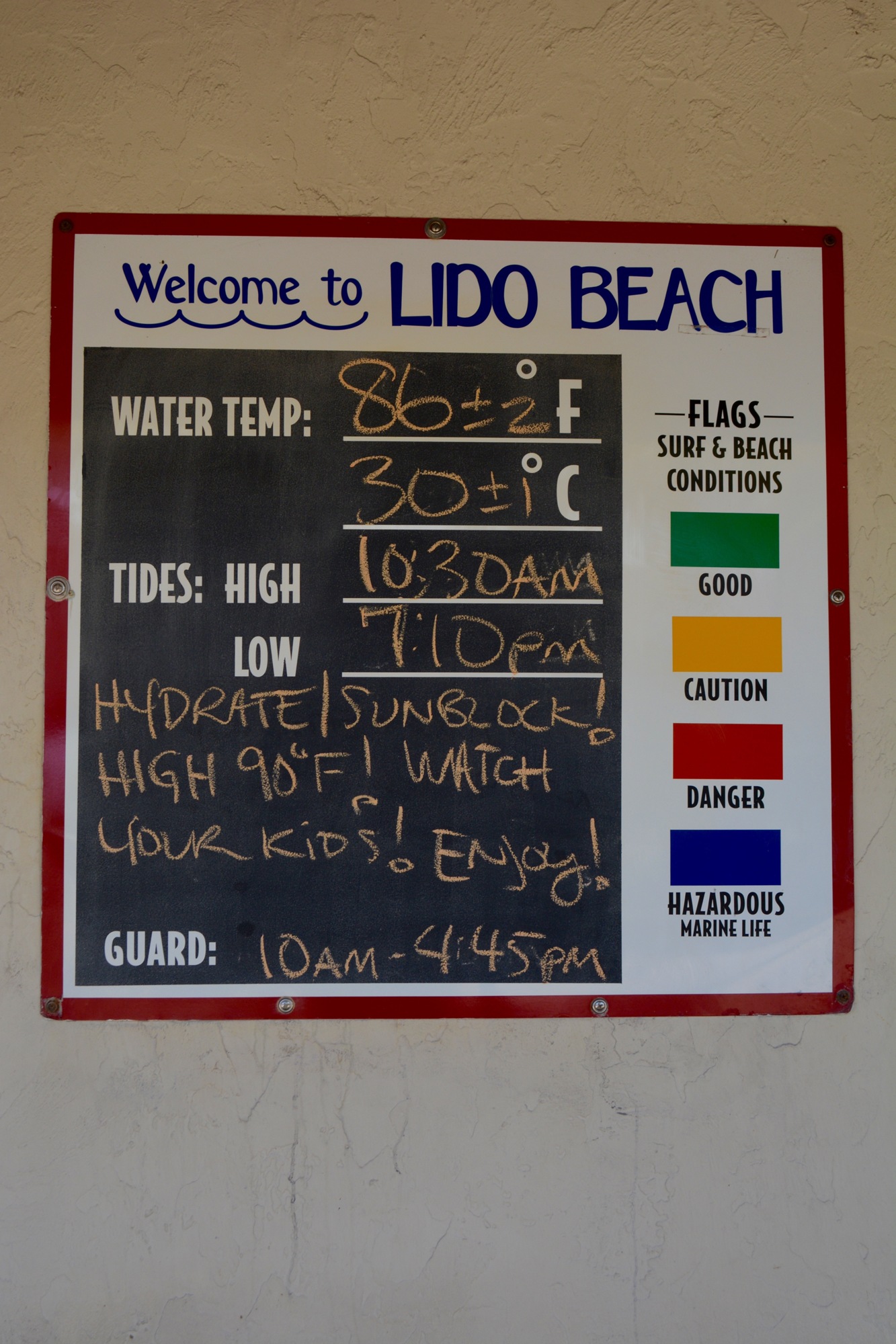 Storyboards, like this one at Lido Beach, educate visitors about weather status, flags, the tides and more