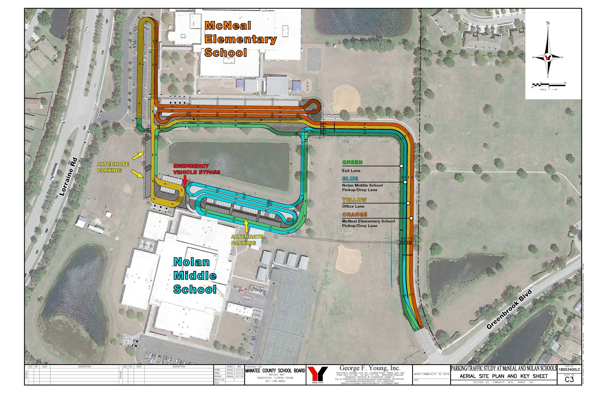 Red indicates the McNeal-only lane. Yellow indicates the lane for those visiting the office of either school. Blue is the car-rider lane for Nolan Middle. Green is the exit lane for both schools.
