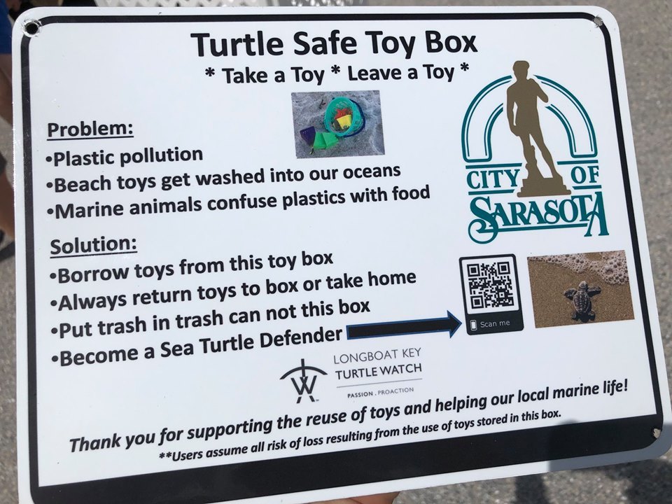 Each toy box includes a sign that explains how to use to box. Courtesy of the city of Sarasota
