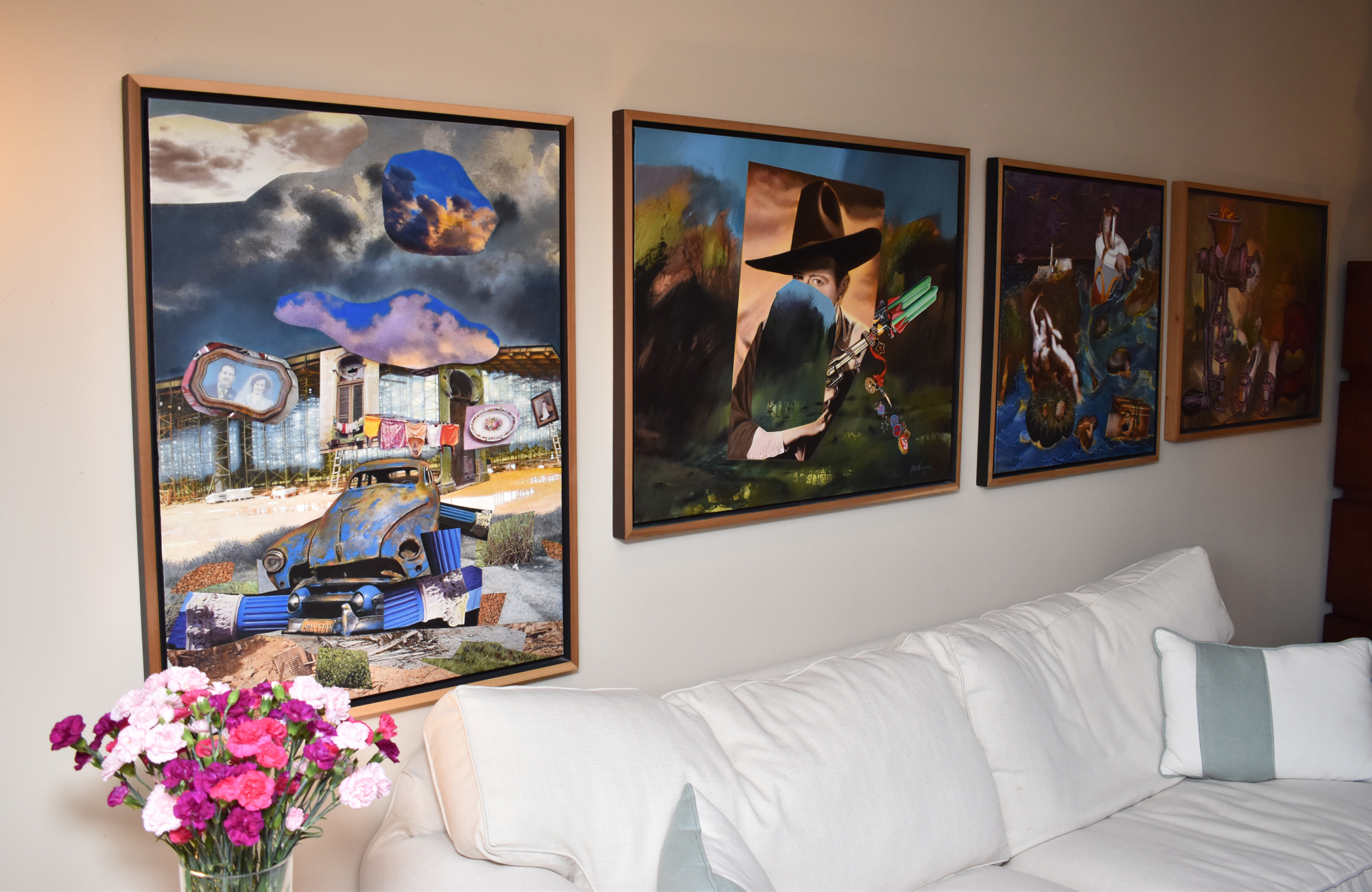 Jorge Reynardus owns many colorful works including Aldo Menéndez’s “The House Cuba” (far left). Photo by Niki Kottmann