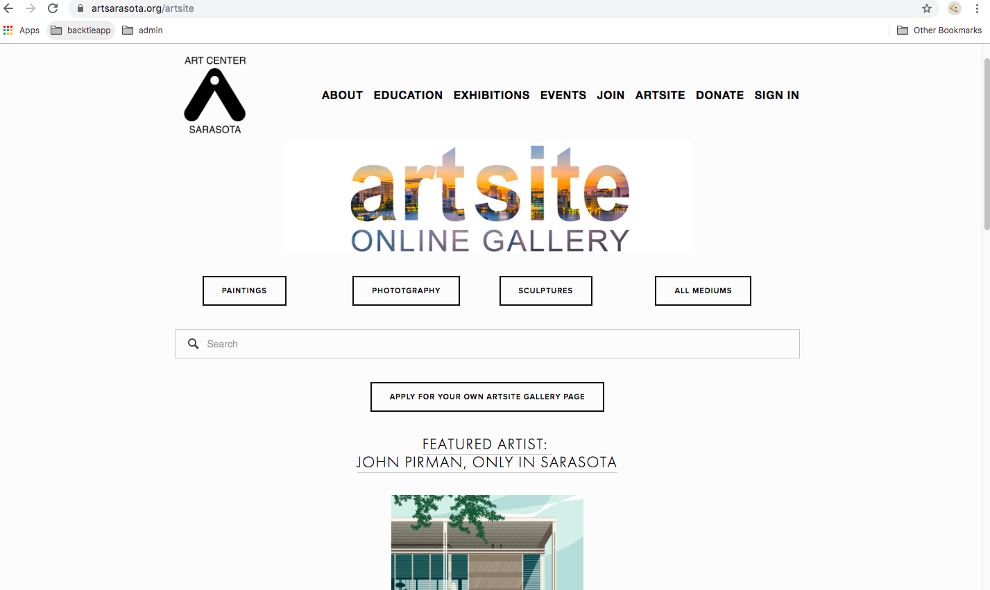 The homepage displays a featured artist and the link to apply for an artist profile. Screenshot by Niki Kottmann
