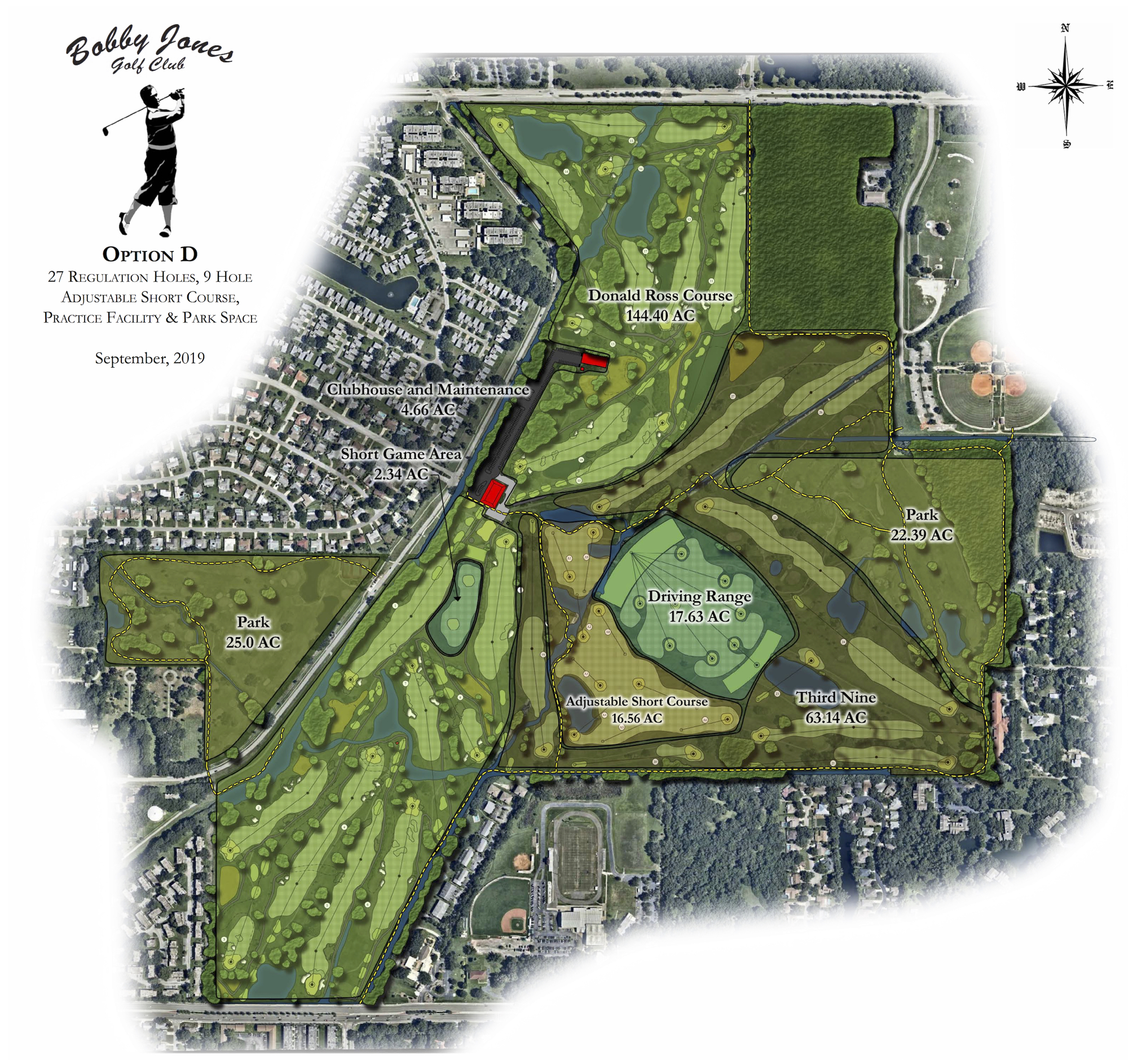 The city has endorsed a plan for Bobby Jones Golf Club that would create two parcels of park space on the east and west side of the property.