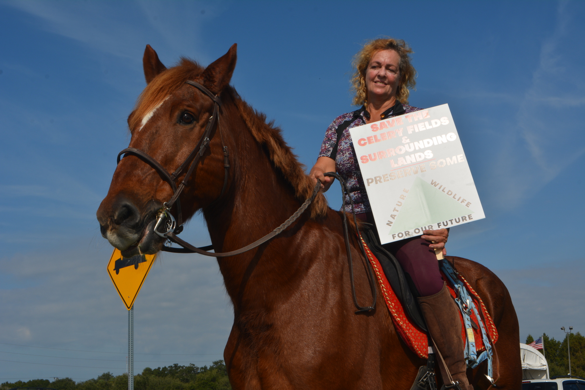 Ellian Rosaire protests atop her horse, Officer Red, in an effort to save the Quads from development. Rosaire is the owner of nearby Rosaire’s Riding Academy & Pony Rides, which uses the Quads regularly.
