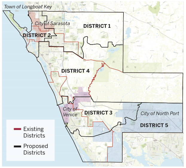 Map 4.1 moves the northwestern section of mainland Sarasota into District 2, which drew pushback from residents of Newtown.