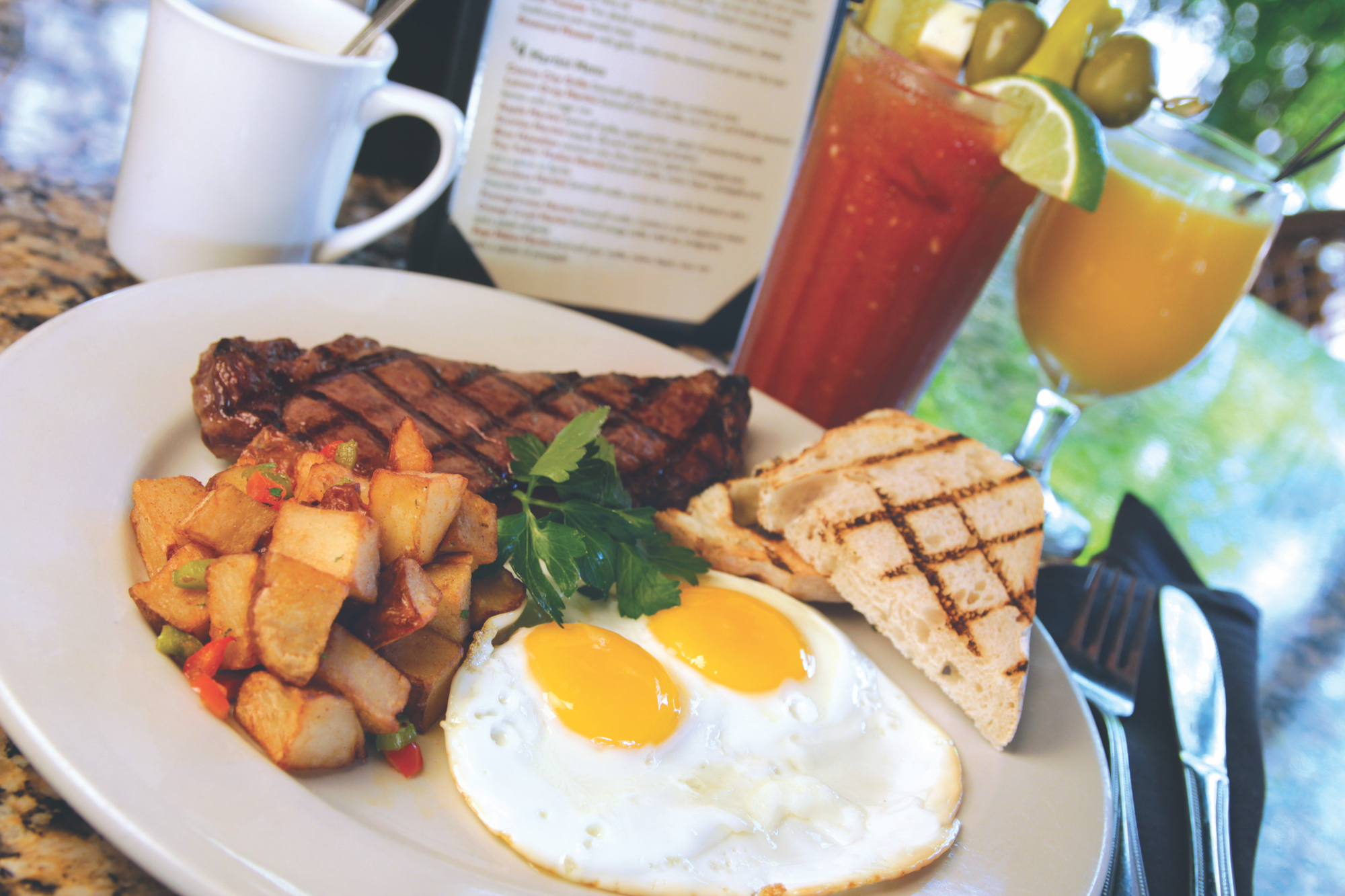 The Niman Ranch Steak and Eggs at Mattison's Riverwalk Grille are the perfect accompaniment for the Build Your Own Bloody Mary menu.