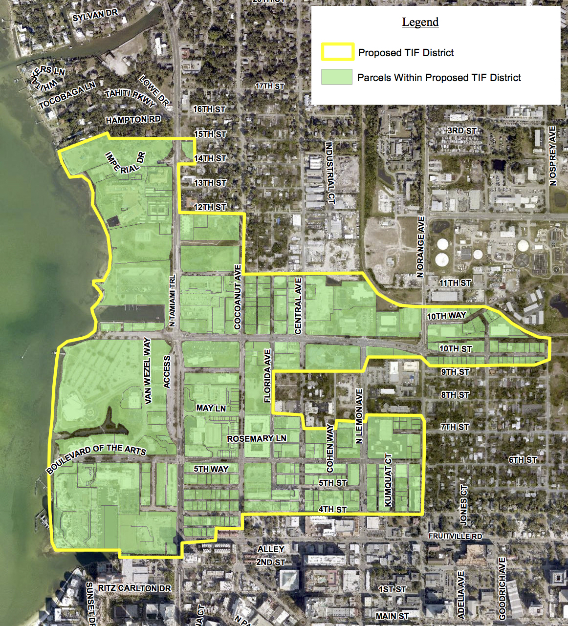 Within the TIF district, any increases in property tax revenue above the baseline year of 2019 would go toward bayfront redevelopment. Image courtesy city of Sarasota.
