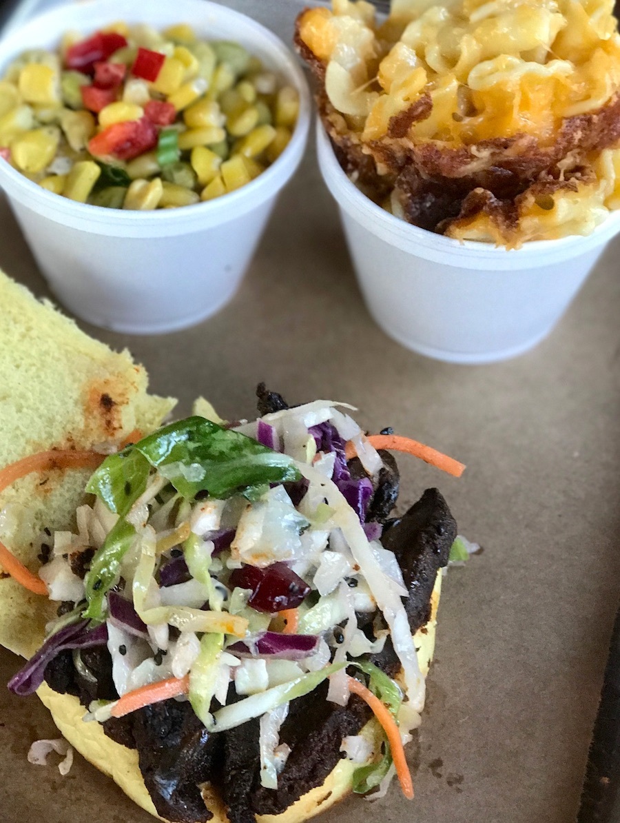 The portobello sandwich  and slaw sandwich, with a side of edamame succotash is a hearty meal at Nancy's BBQ.